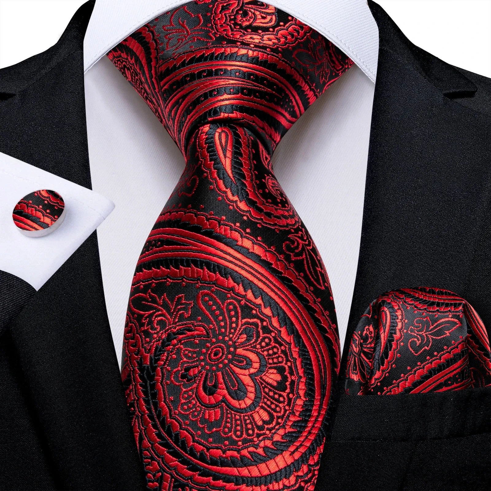 Luxury Red Plaid Silk Tie Set for Men | Business & Wedding Accessories with Handkerchief & Cufflinks | DiBanGu Designer Collection