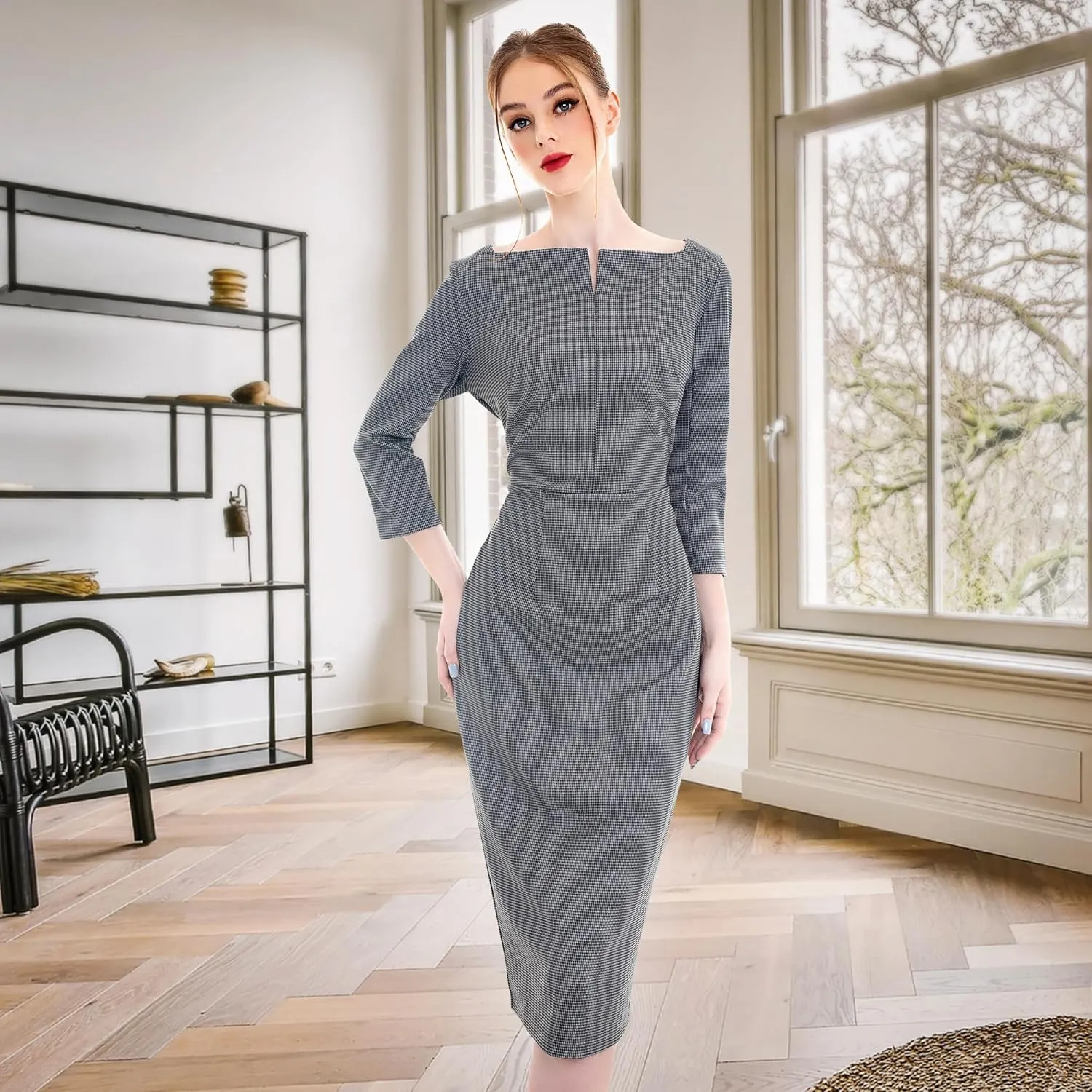 Marycrafts Women's Work Office Business Square Neck Sheath Midi Dress