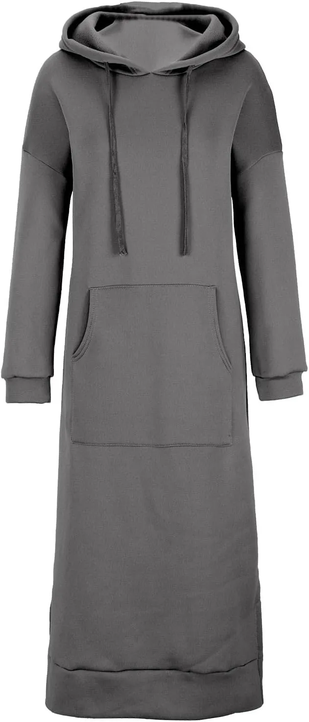 Maxi Hooded Dress for Women Split Hem Hooded Long Sweatshirt Dress with Pockets Long Hoodies 2023 Fall Fashion