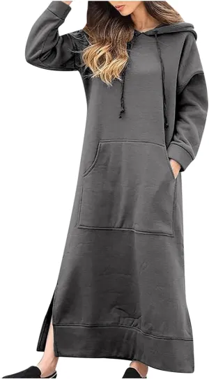 Maxi Hooded Dress for Women Split Hem Hooded Long Sweatshirt Dress with Pockets Long Hoodies 2023 Fall Fashion