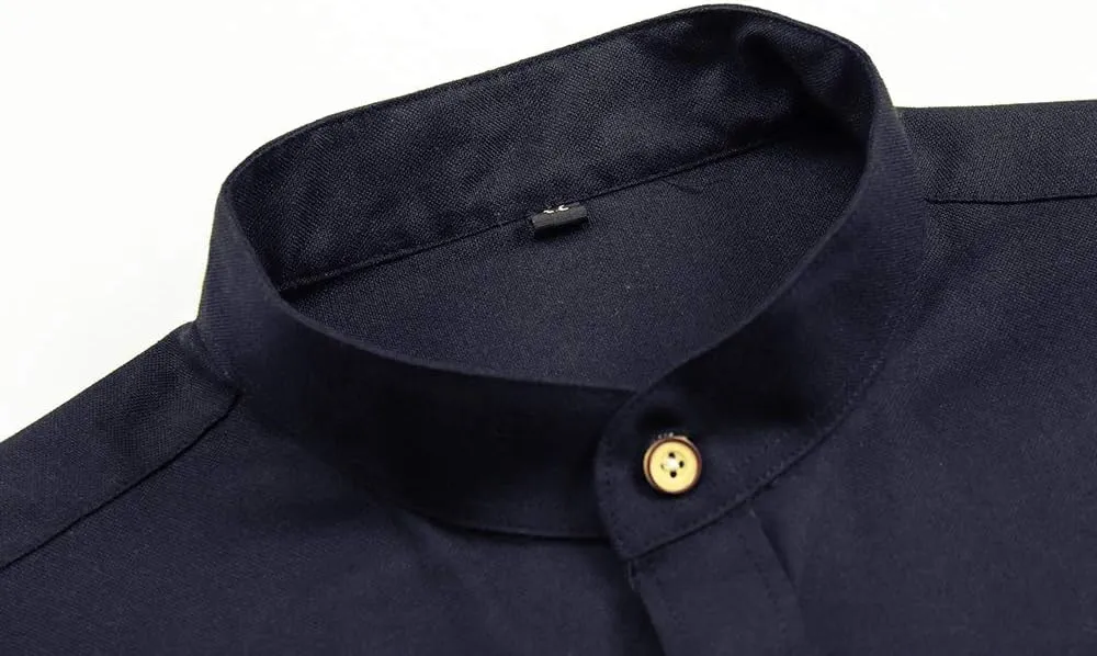 Men Banded Collar Shirts Oxford Mandarin Collar Shirts Camisa sin Cuello para Hombre