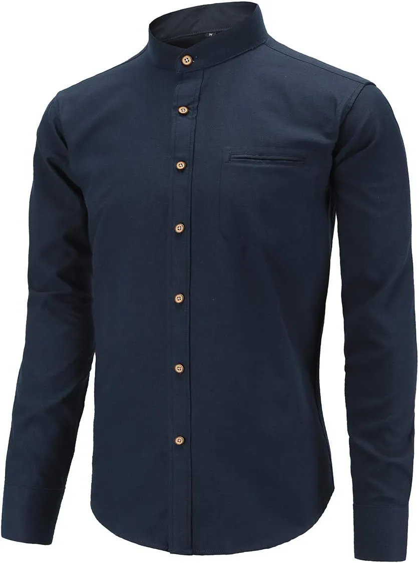 Men Banded Collar Shirts Oxford Mandarin Collar Shirts Camisa sin Cuello para Hombre