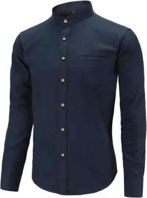 Men Banded Collar Shirts Oxford Mandarin Collar Shirts Camisa sin Cuello para Hombre