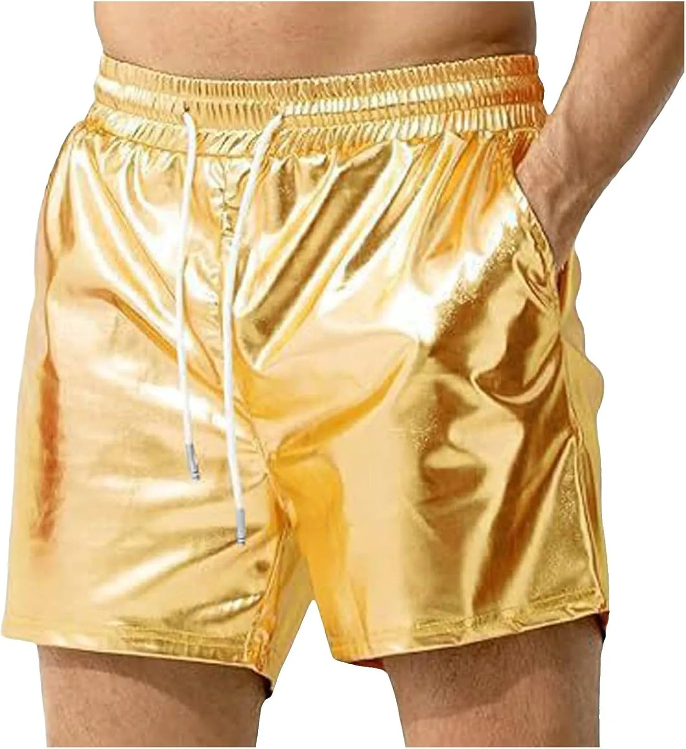 Mens Sexy Shorts Metallic Shiny Sparkly Hot Drawstring Short Pants with Pockets 2025 Trendy