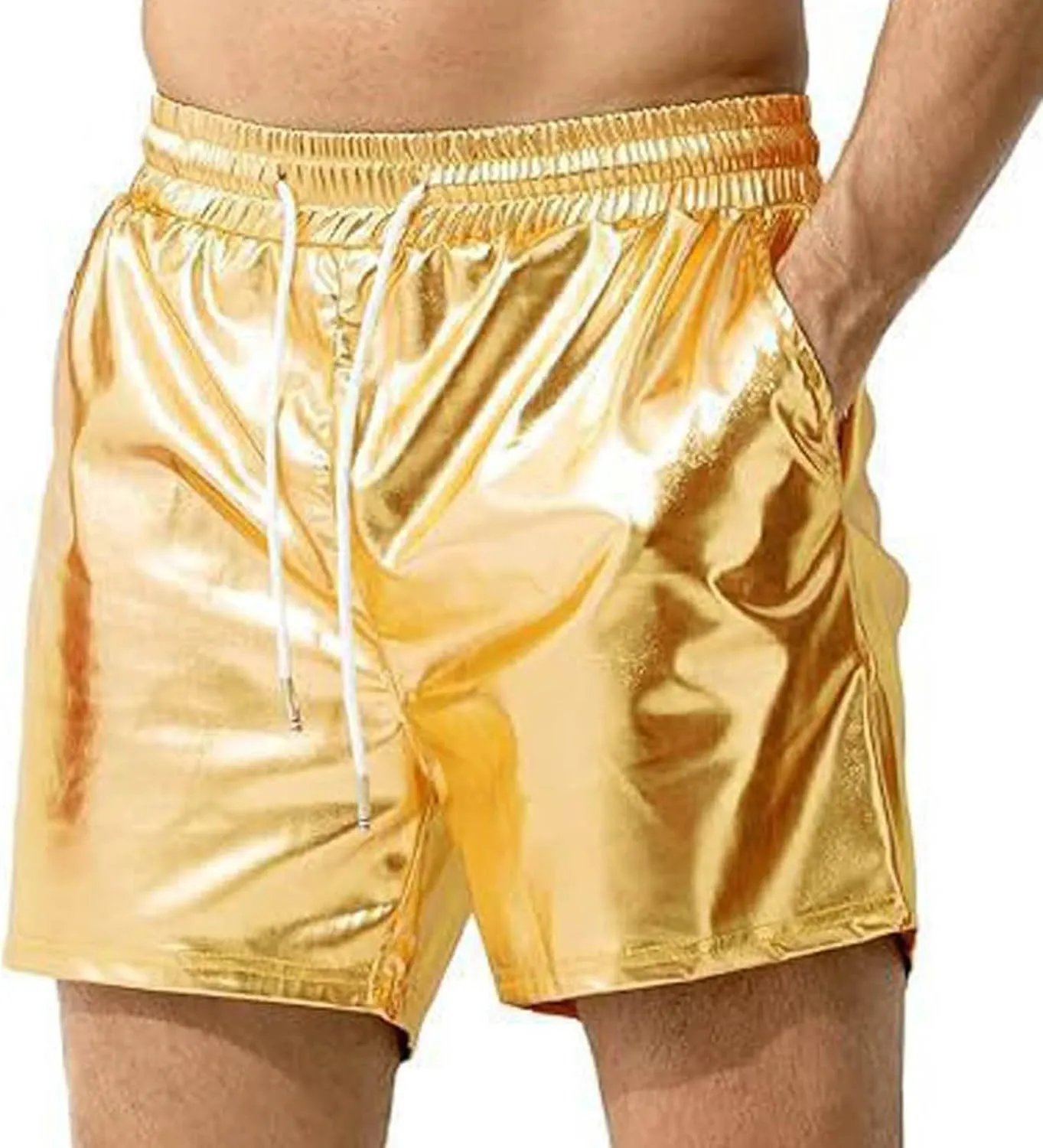 Mens Sexy Shorts Metallic Shiny Sparkly Hot Drawstring Short Pants with Pockets 2025 Trendy