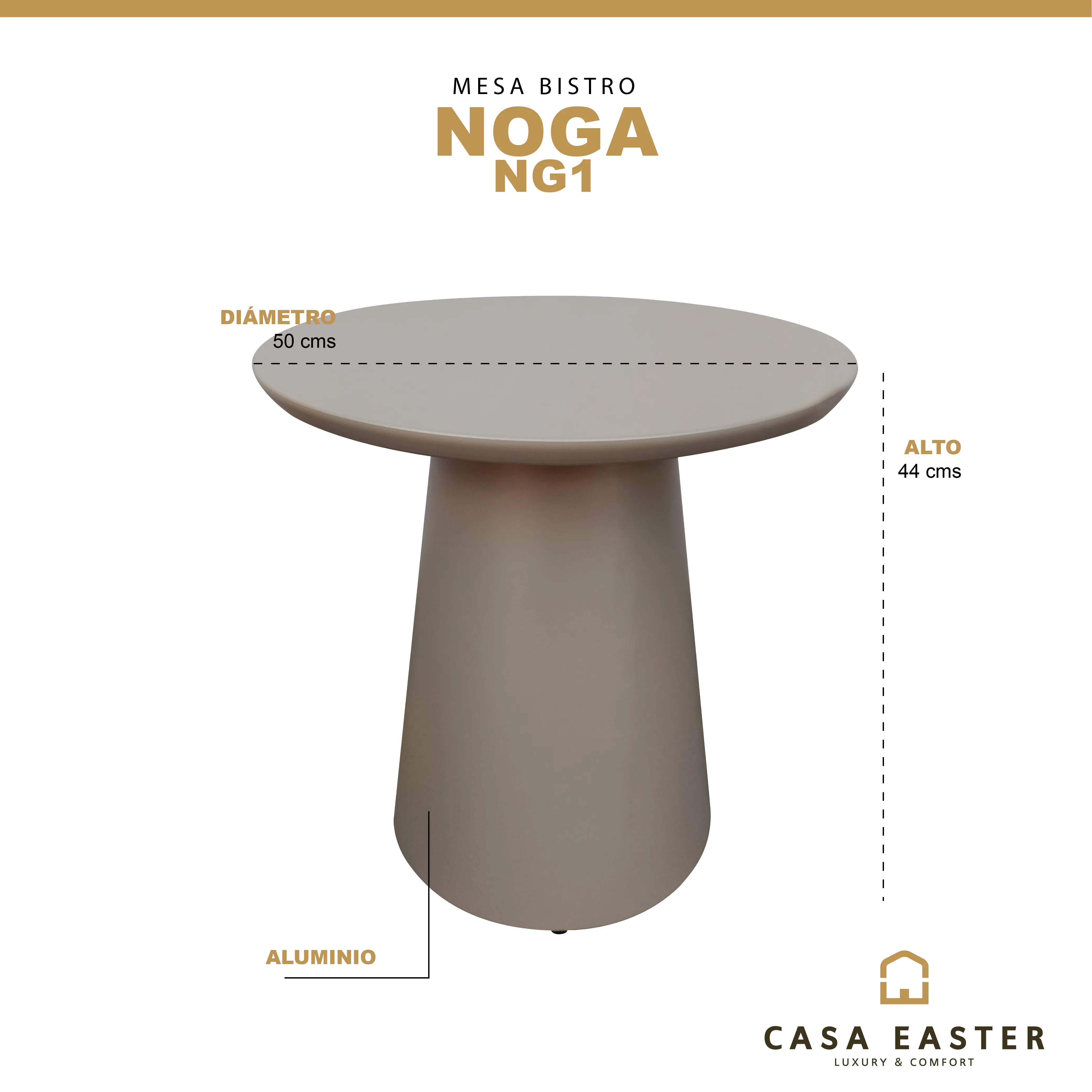 Mesa Bistro NOGA Dia.50 cms para Exterior e Interior de Aluminio Color Champagne -NG1