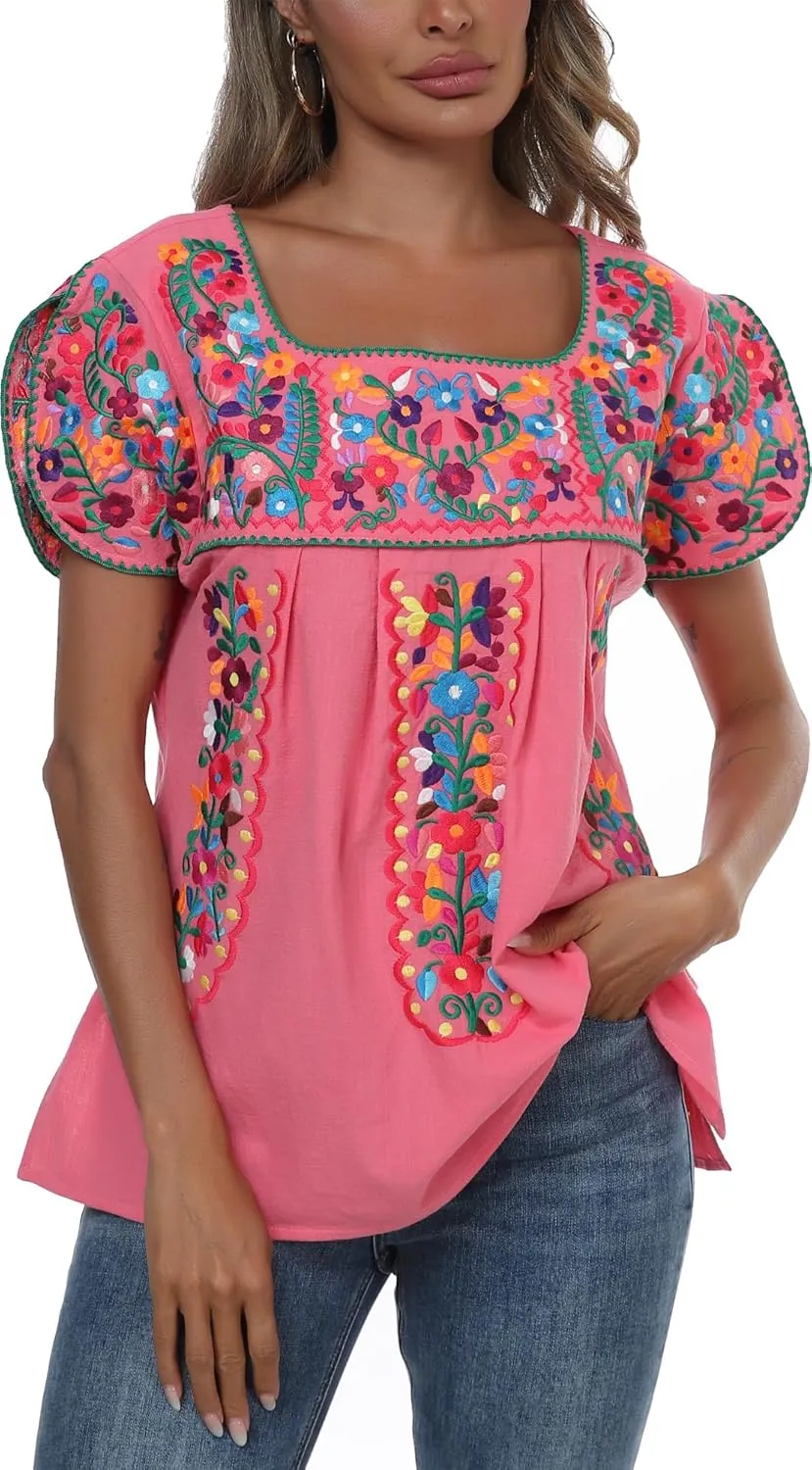 Mexican Shirts for Women Embroidered Tops Traditional Peasant Summer Tunic Blouse
