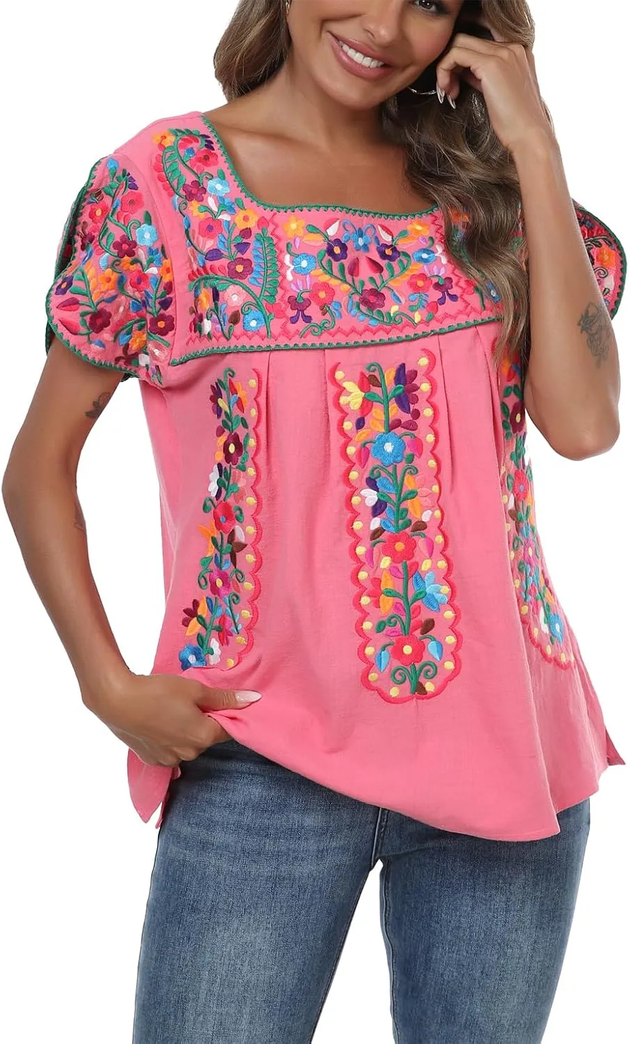 Mexican Shirts for Women Embroidered Tops Traditional Peasant Summer Tunic Blouse