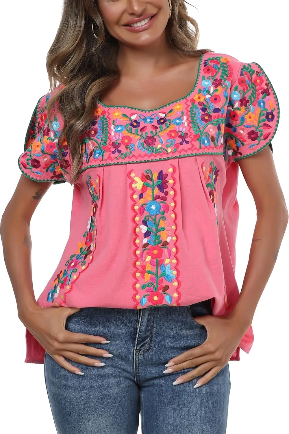 Mexican Shirts for Women Embroidered Tops Traditional Peasant Summer Tunic Blouse