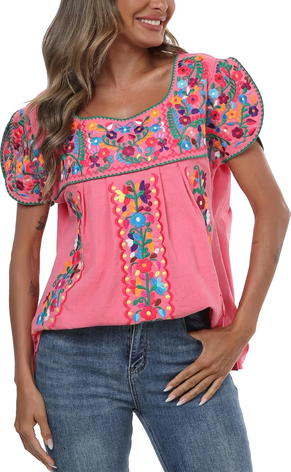Mexican Shirts for Women Embroidered Tops Traditional Peasant Summer Tunic Blouse