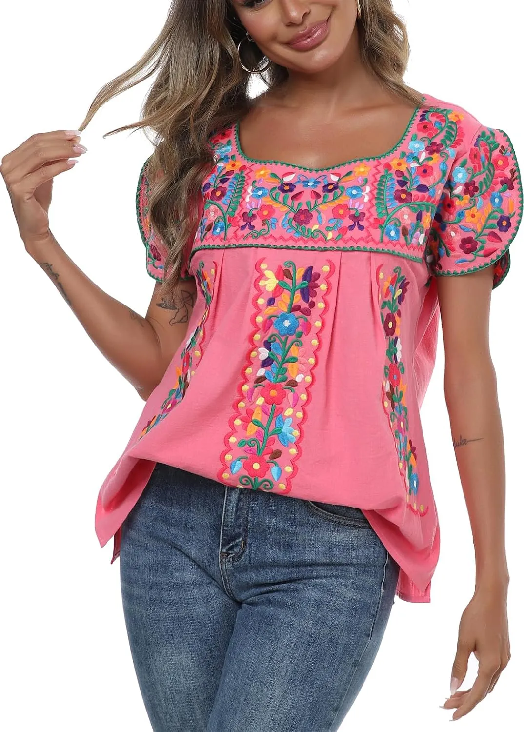 Mexican Shirts for Women Embroidered Tops Traditional Peasant Summer Tunic Blouse