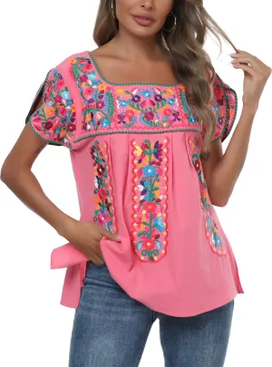 Mexican Shirts for Women Embroidered Tops Traditional Peasant Summer Tunic Blouse