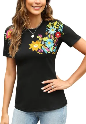 Mexican Shirts for Women Embroidered Tops Traditional Summer Blouse Women's Floral Tunic Round Neck Short Sleeve