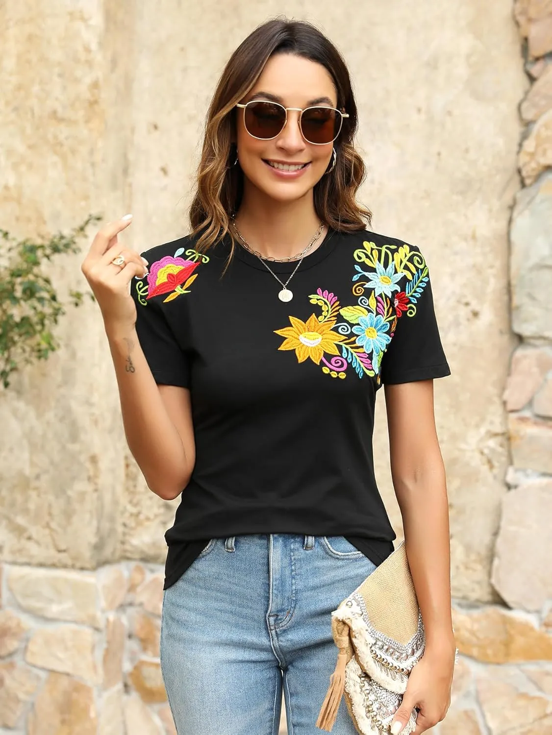 Mexican Shirts for Women Embroidered Tops Traditional Summer Blouse Women's Floral Tunic Round Neck Short Sleeve