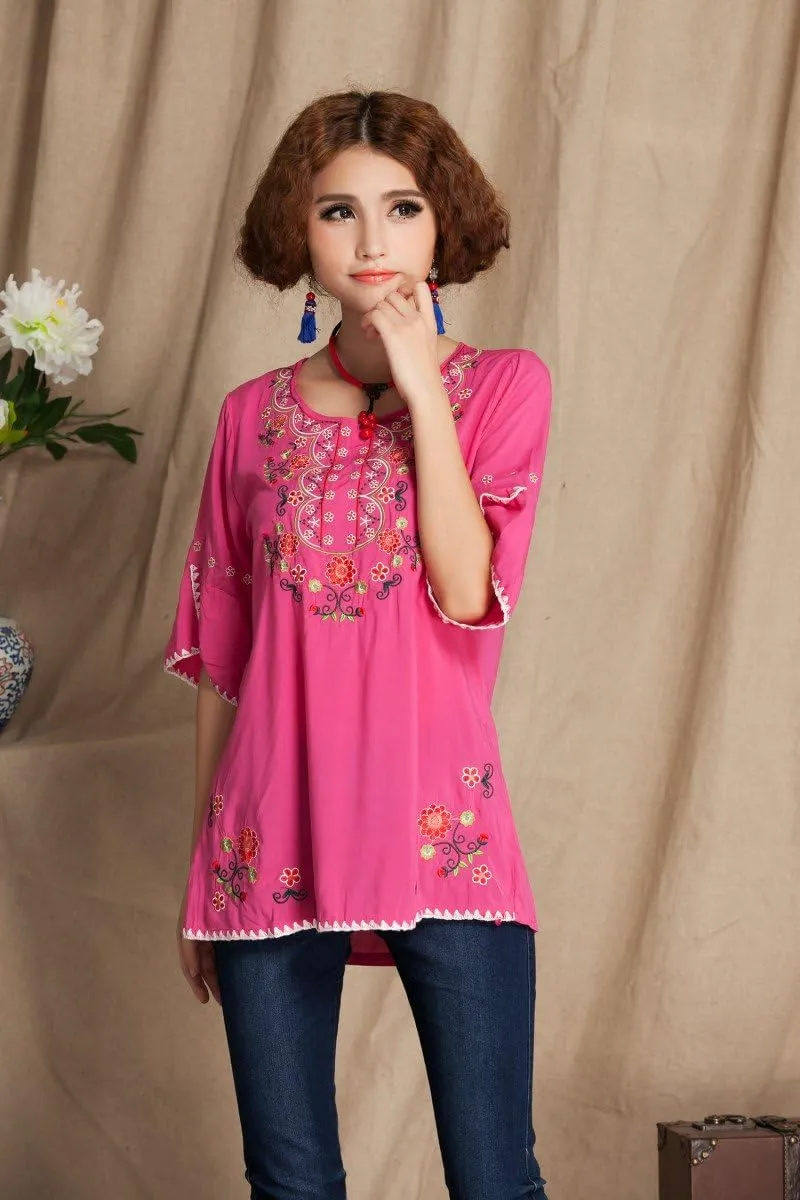 Mexican Shirts Peasant Blouses Cotton Embroidered 3/4 Sleeve Bohemian Tops Boho Clothes for Women Summer Fiesta
