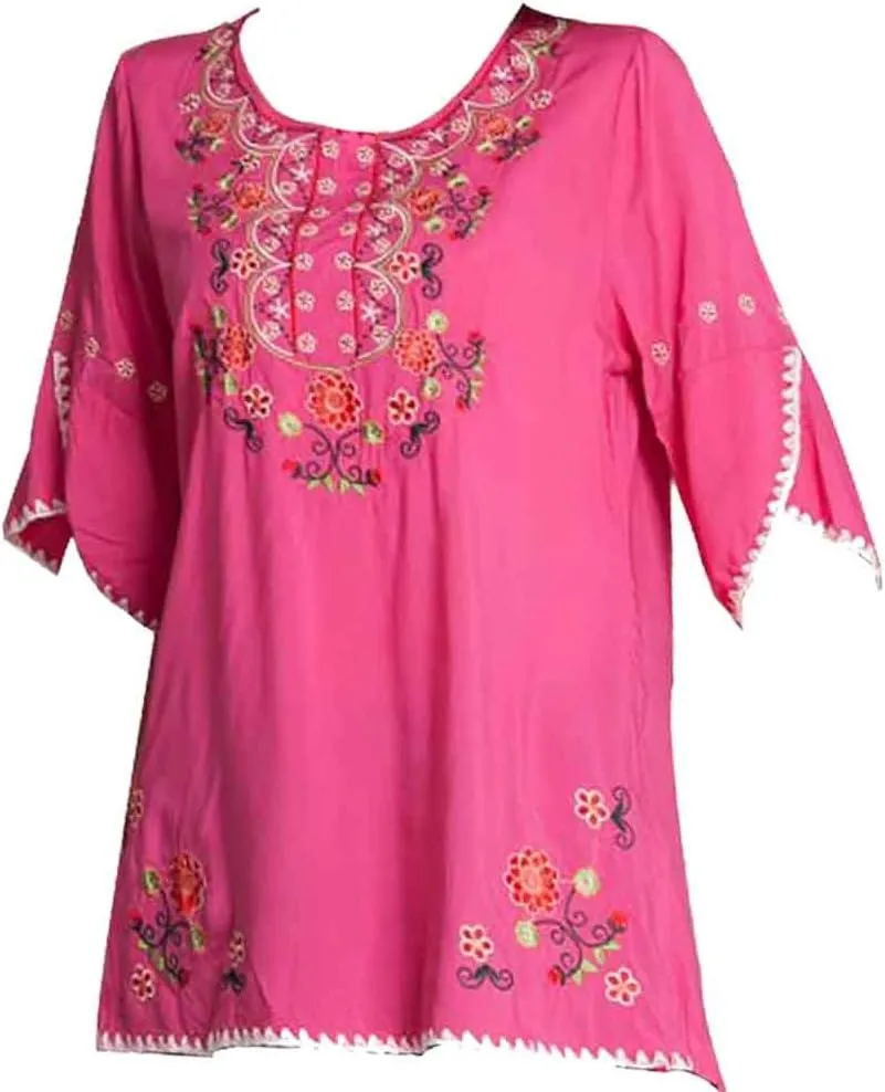 Mexican Shirts Peasant Blouses Cotton Embroidered 3/4 Sleeve Bohemian Tops Boho Clothes for Women Summer Fiesta