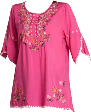 Mexican Shirts Peasant Blouses Cotton Embroidered 3/4 Sleeve Bohemian Tops Boho Clothes for Women Summer Fiesta