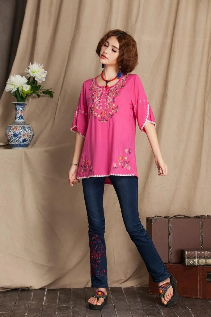 Mexican Shirts Peasant Blouses Cotton Embroidered 3/4 Sleeve Bohemian Tops Boho Clothes for Women Summer Fiesta