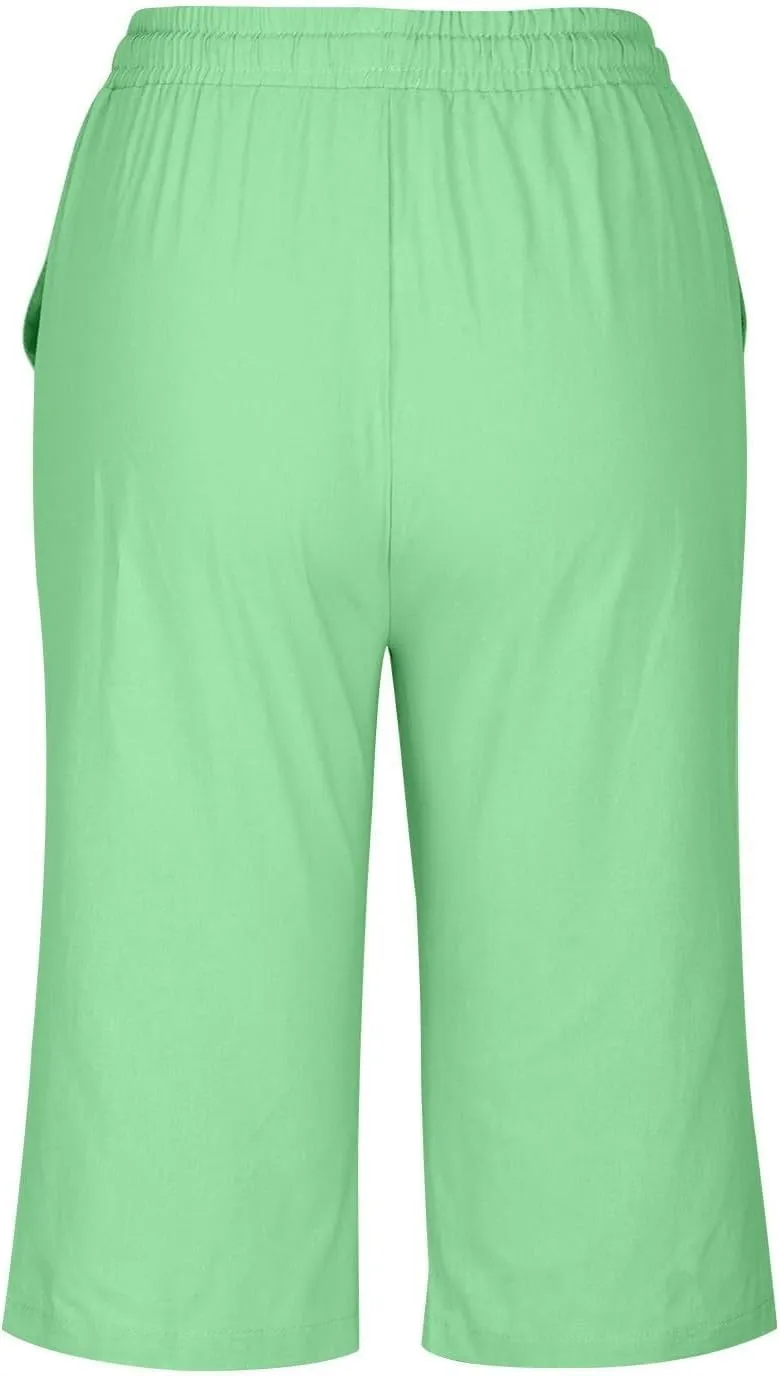 Pedal Pushers for Women Knee Length Elastic Waist Drawstring Linen Capris Pants Lightweight Summer Short