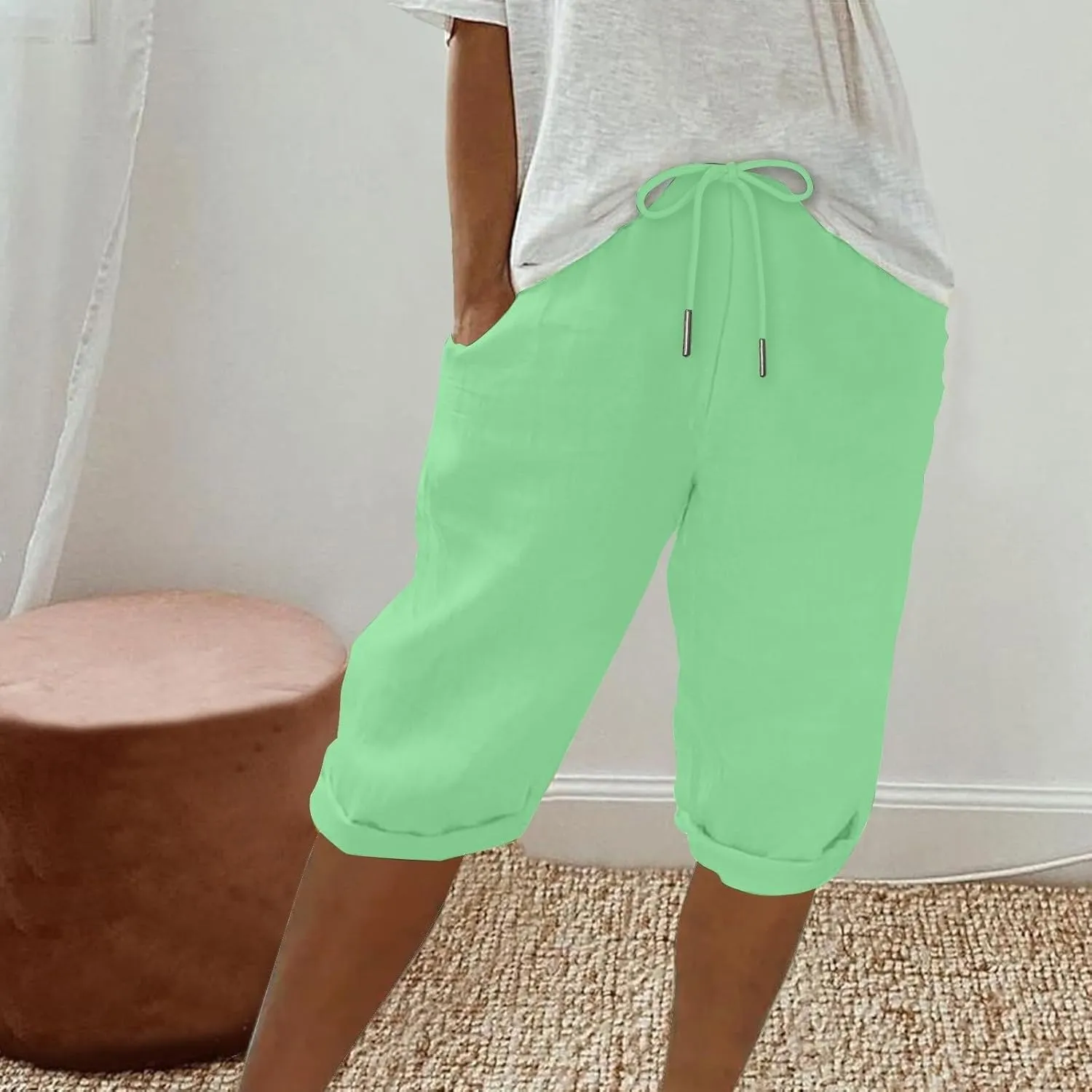 Pedal Pushers for Women Knee Length Elastic Waist Drawstring Linen Capris Pants Lightweight Summer Short