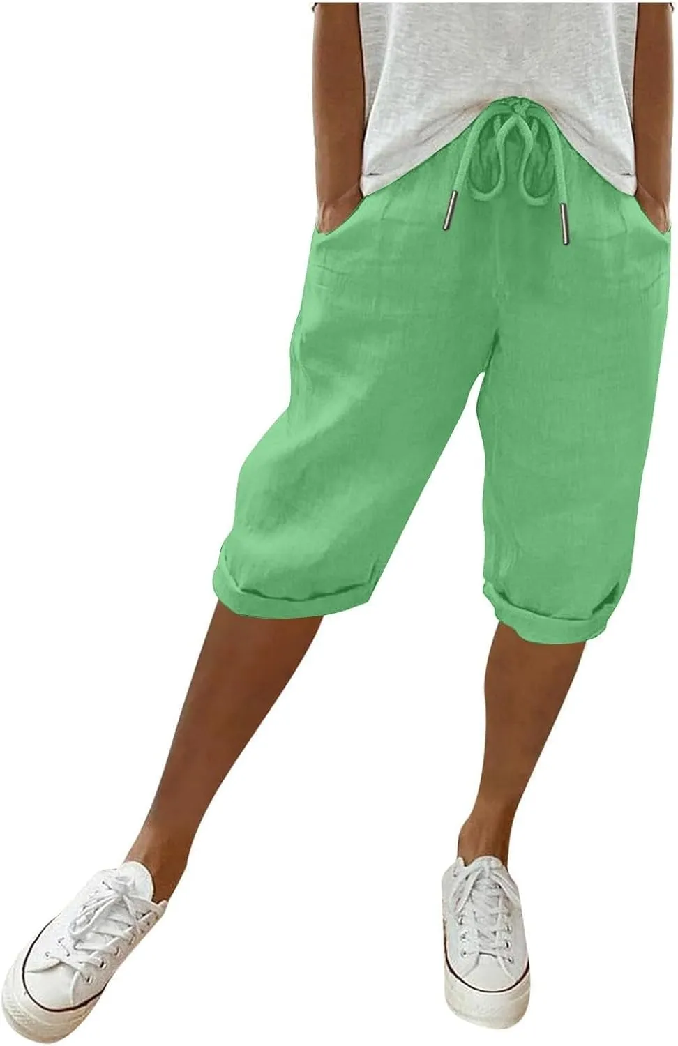 Pedal Pushers for Women Knee Length Elastic Waist Drawstring Linen Capris Pants Lightweight Summer Short