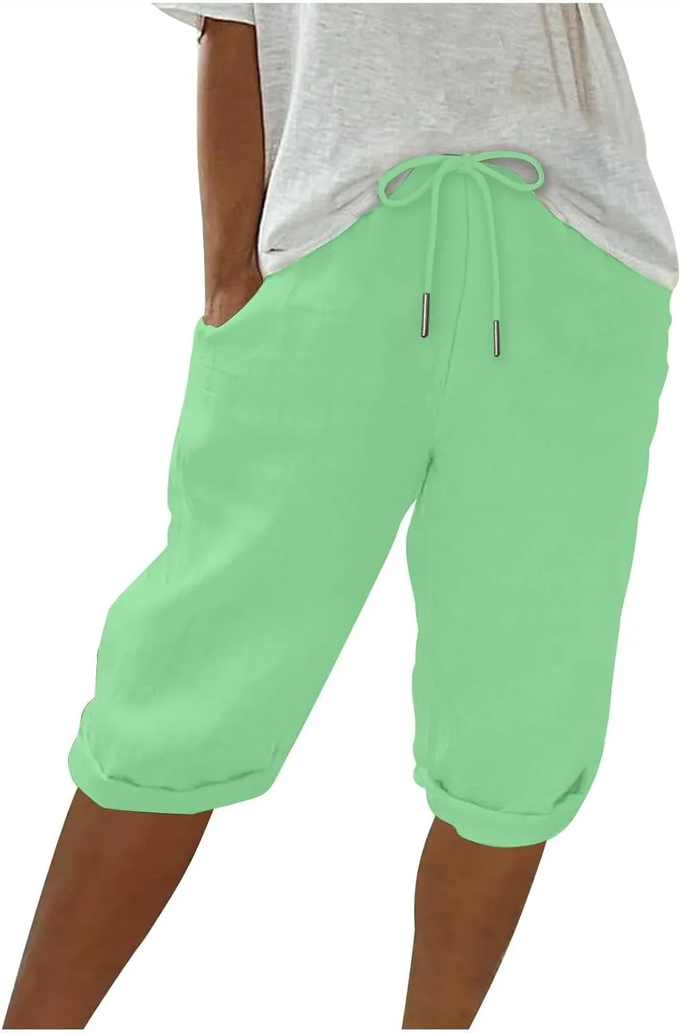 Pedal Pushers for Women Knee Length Elastic Waist Drawstring Linen Capris Pants Lightweight Summer Short