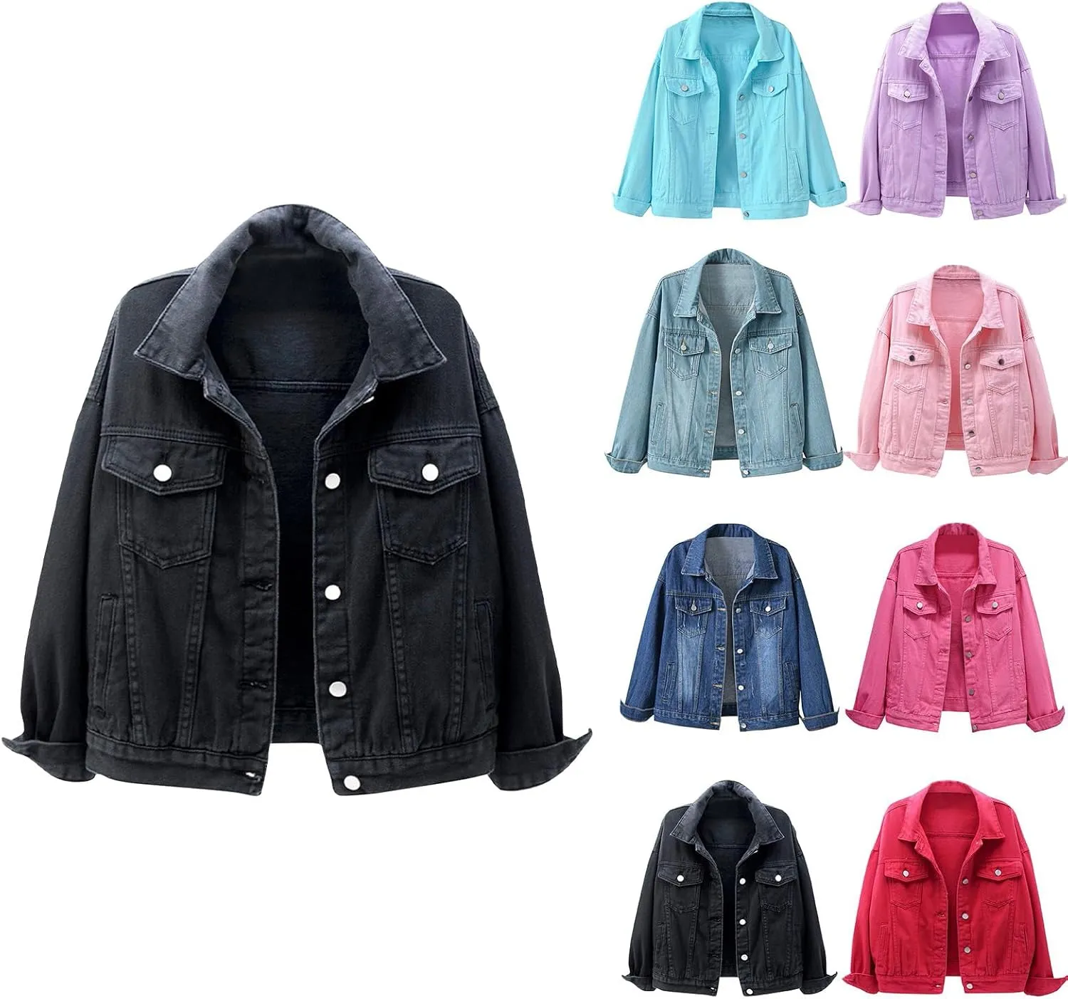 PETYCZEN Womens Jean Jacket Classic Fit Long Sleeve Cropped Denim Jacket Lapel Button Down Boyfriend Jean Jackets Fall Coats