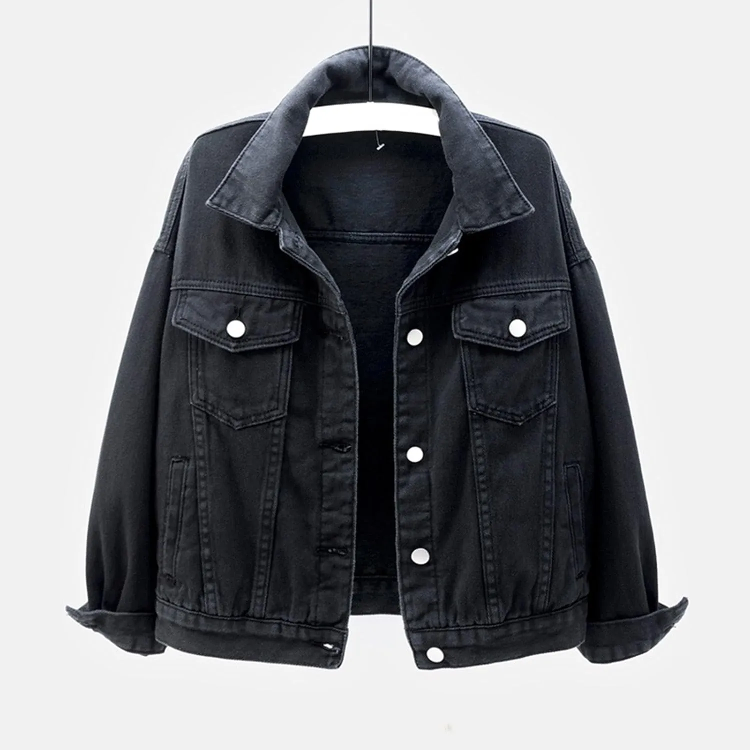 PETYCZEN Womens Jean Jacket Classic Fit Long Sleeve Cropped Denim Jacket Lapel Button Down Boyfriend Jean Jackets Fall Coats