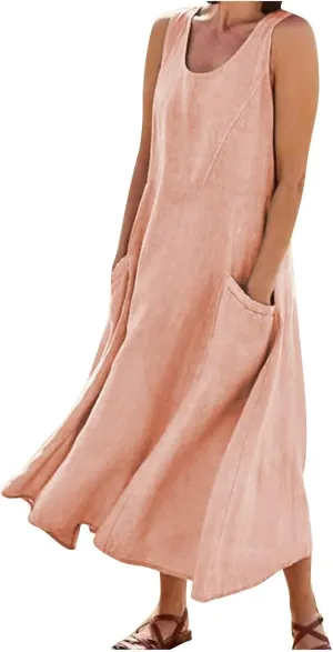Plus Size Cotton Linen Summer Dresses for Curvy Women 2025 Sleeveless Maxi Vacation Beach Sundresses with Pockets