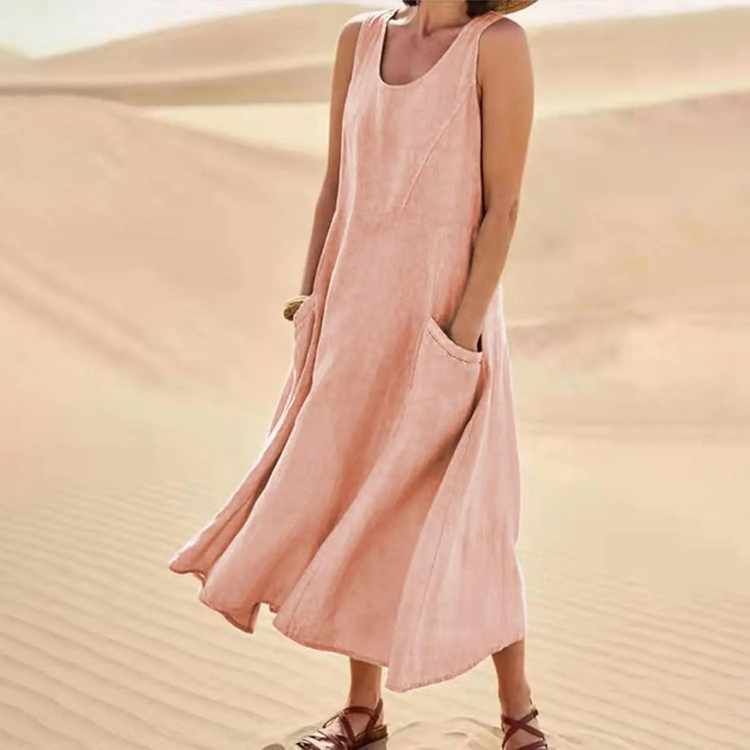 Plus Size Cotton Linen Summer Dresses for Curvy Women 2025 Sleeveless Maxi Vacation Beach Sundresses with Pockets