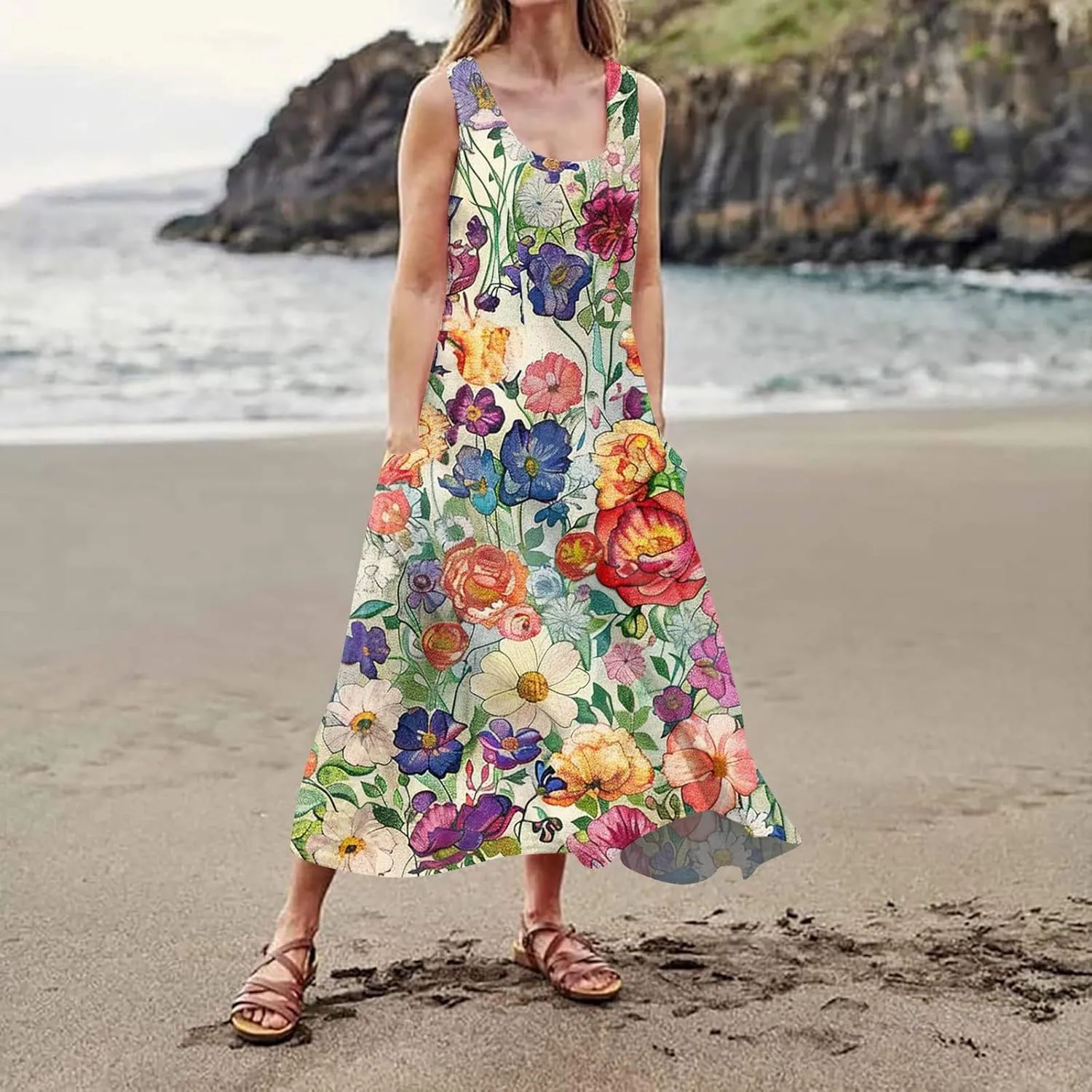 Plus Size Cotton Linen Summer Dresses for Curvy Women 2025 Sleeveless Maxi Vacation Beach Sundresses with Pockets