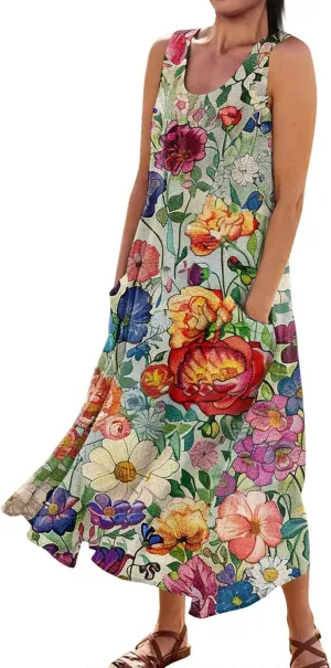 Plus Size Cotton Linen Summer Dresses for Curvy Women 2025 Sleeveless Maxi Vacation Beach Sundresses with Pockets