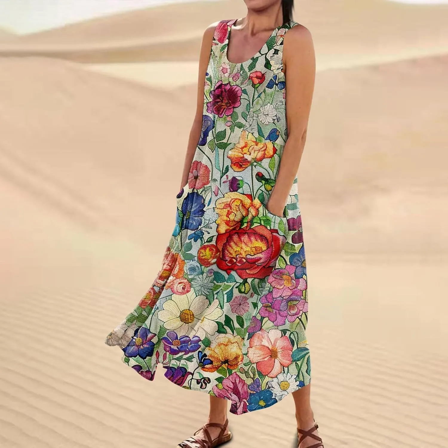 Plus Size Cotton Linen Summer Dresses for Curvy Women 2025 Sleeveless Maxi Vacation Beach Sundresses with Pockets
