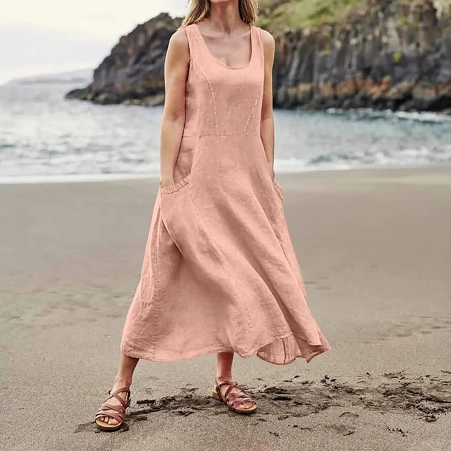 Plus Size Cotton Linen Summer Dresses for Curvy Women 2025 Sleeveless Maxi Vacation Beach Sundresses with Pockets