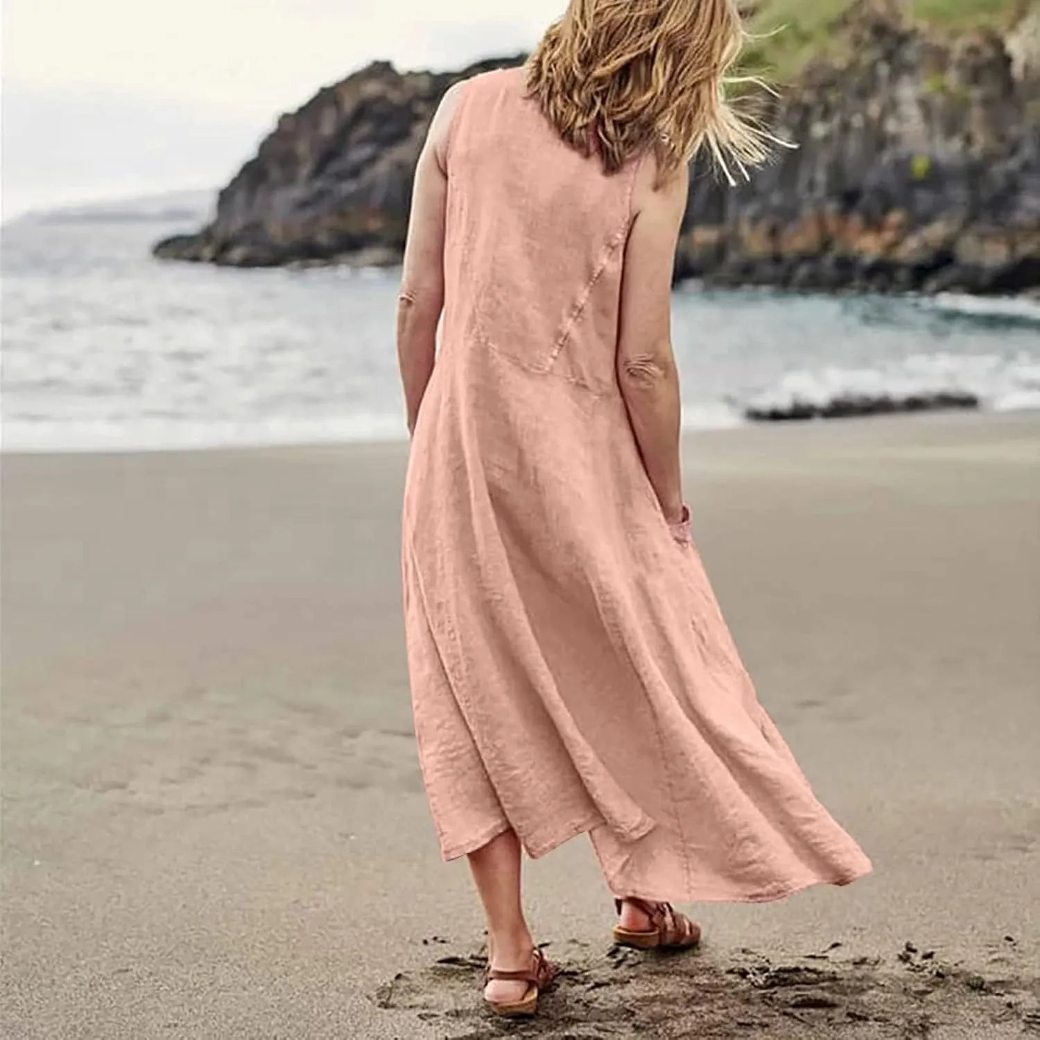 Plus Size Cotton Linen Summer Dresses for Curvy Women 2025 Sleeveless Maxi Vacation Beach Sundresses with Pockets