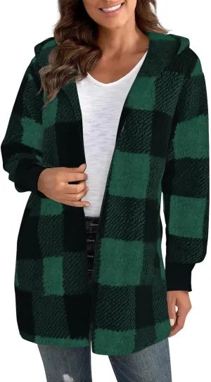 Sherpa Jacket Women Soft Comfy Plaid Fuzzy Fleece Jacket Open Front Hooded Cardigan Casual Oversized Outerwear