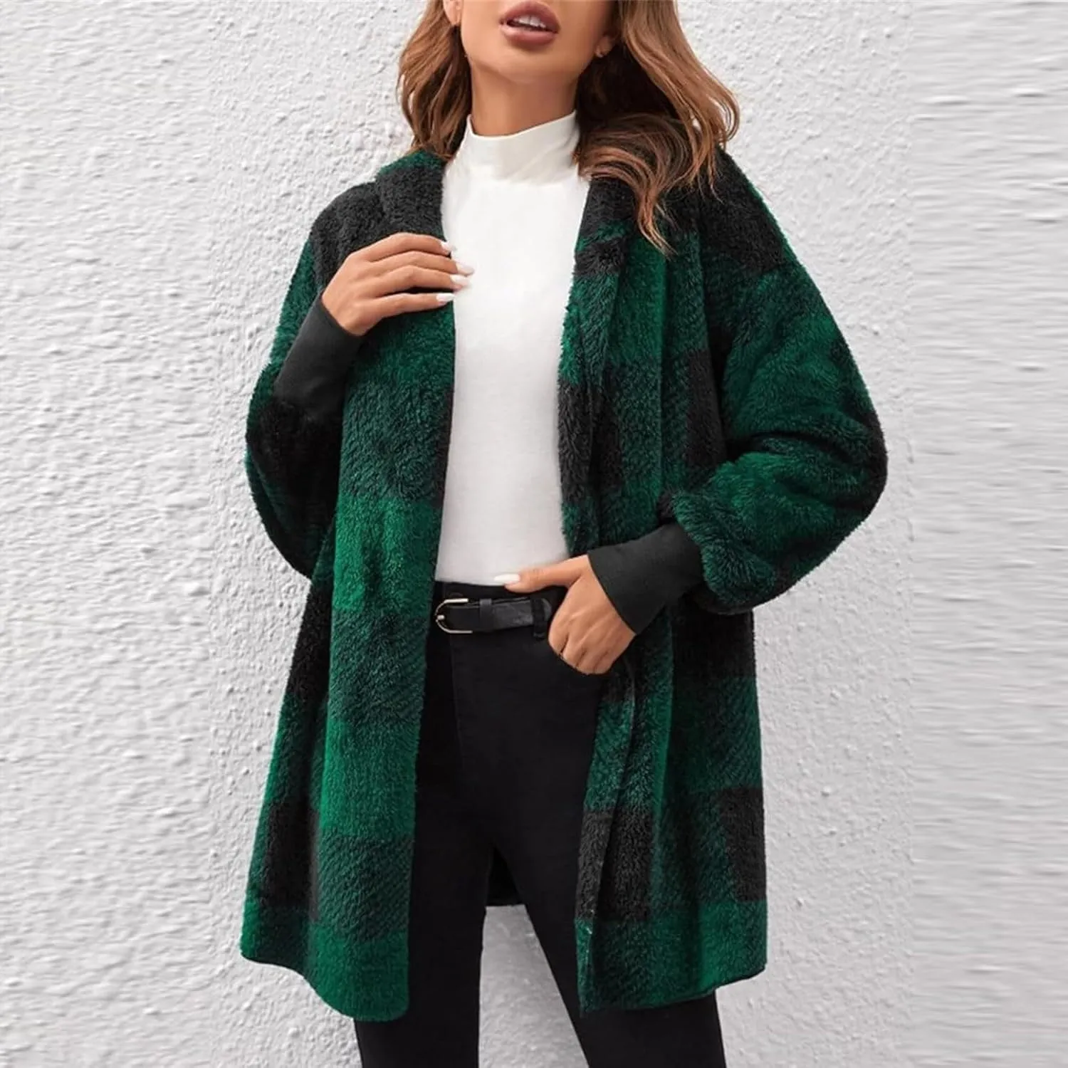 Sherpa Jacket Women Soft Comfy Plaid Fuzzy Fleece Jacket Open Front Hooded Cardigan Casual Oversized Outerwear