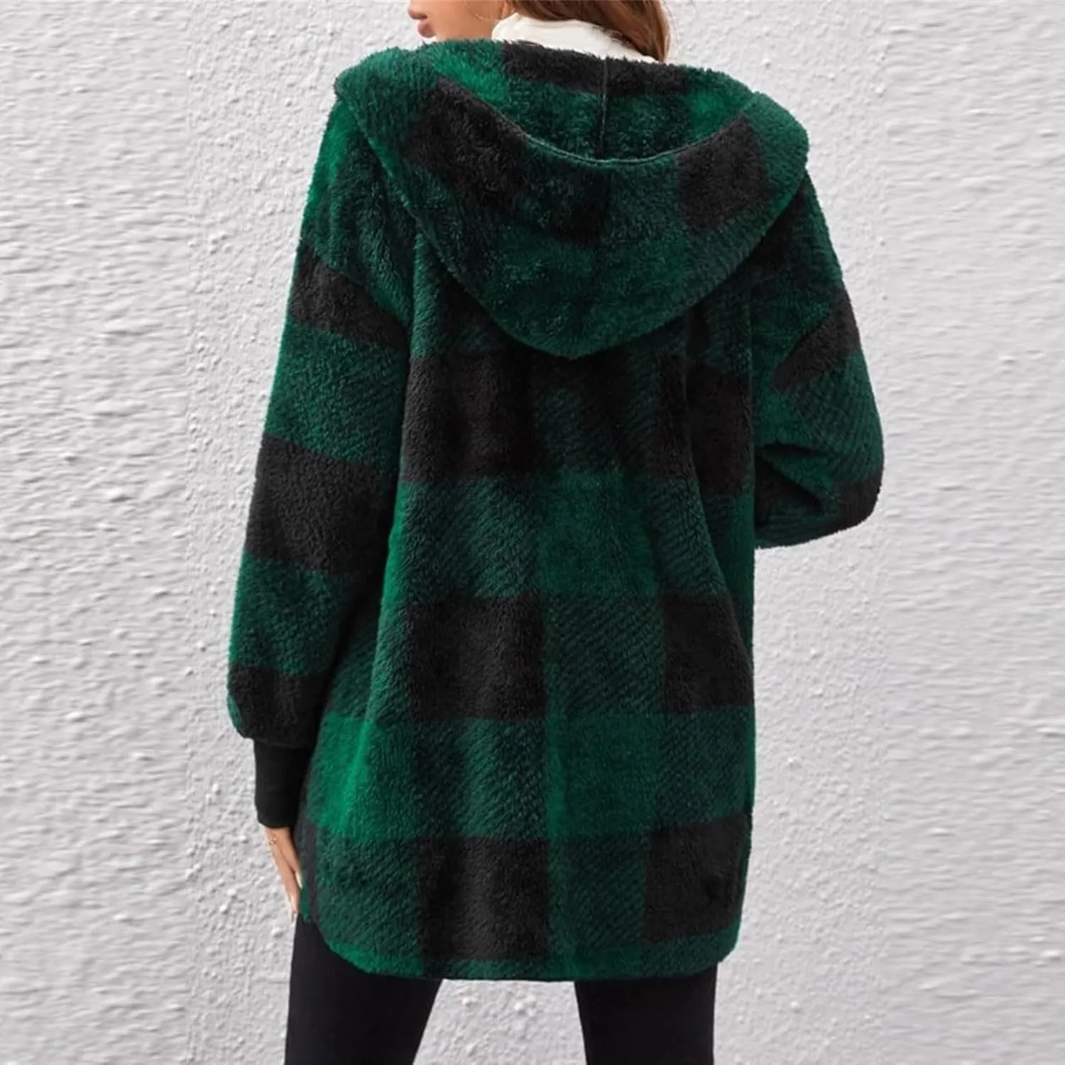 Sherpa Jacket Women Soft Comfy Plaid Fuzzy Fleece Jacket Open Front Hooded Cardigan Casual Oversized Outerwear