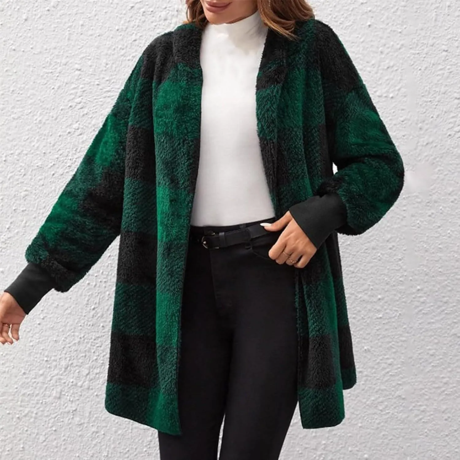 Sherpa Jacket Women Soft Comfy Plaid Fuzzy Fleece Jacket Open Front Hooded Cardigan Casual Oversized Outerwear