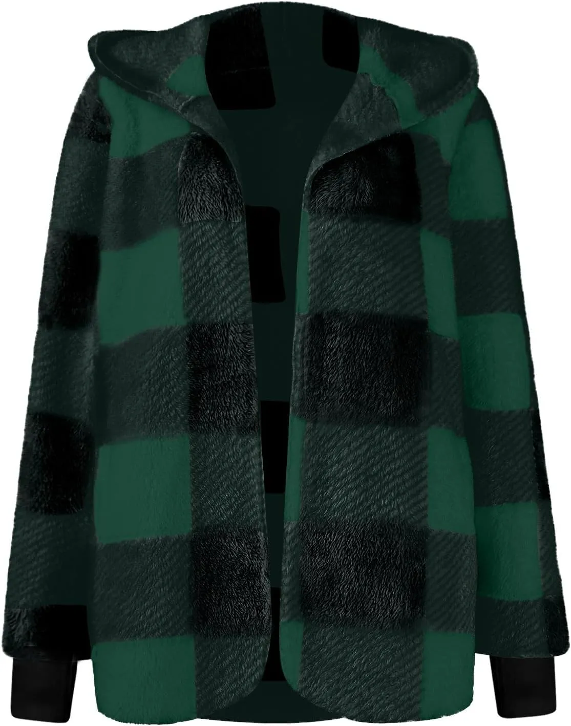 Sherpa Jacket Women Soft Comfy Plaid Fuzzy Fleece Jacket Open Front Hooded Cardigan Casual Oversized Outerwear