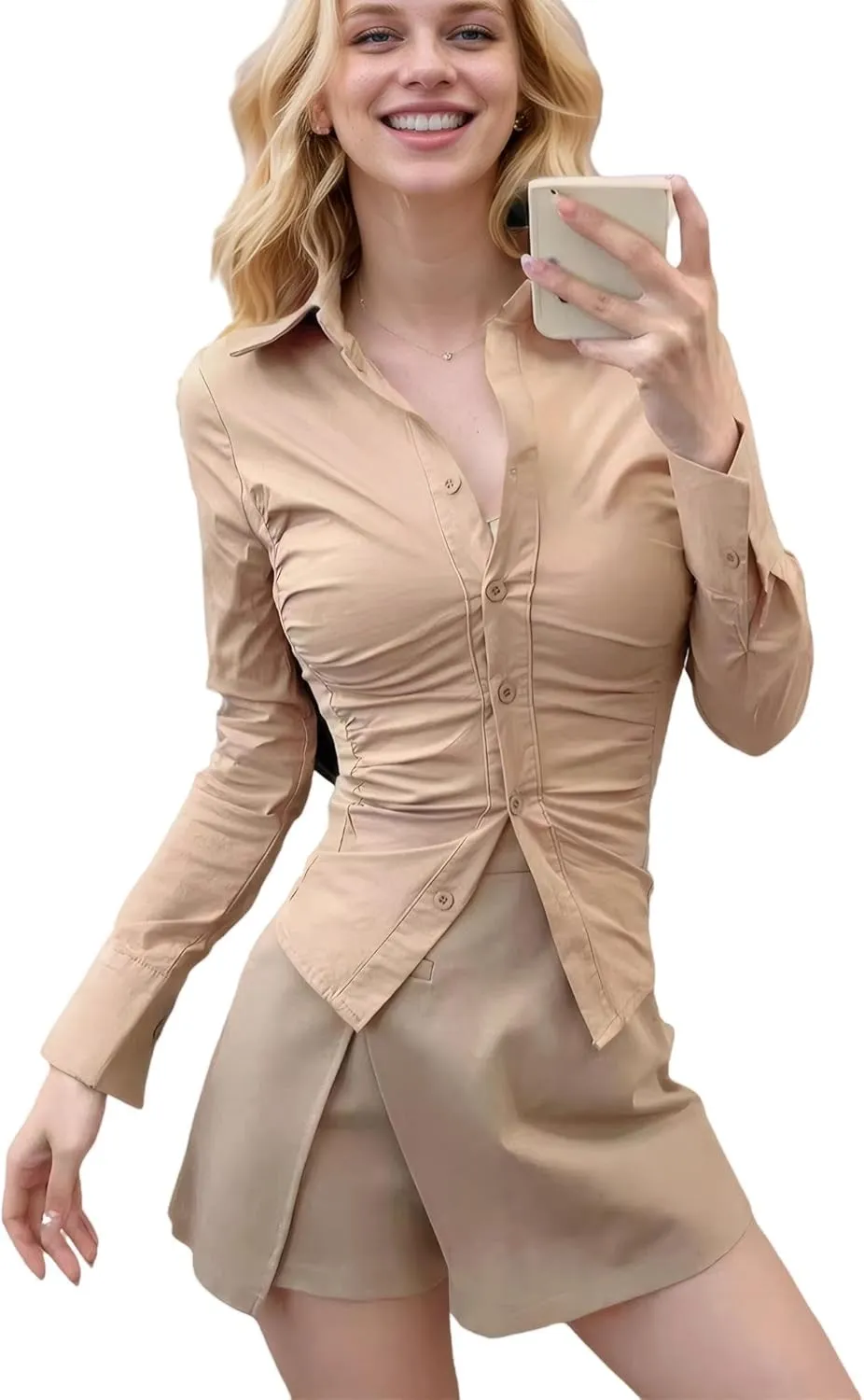 Slim Fitting Sexy Long Sleeved Shirt with Row Collar and Button Pleated Waist for Women's Shirt