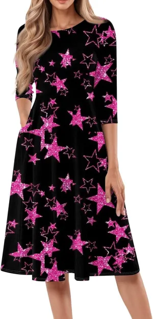 Spring Dresses for Women 2025 Elegant Boho Floral Sparkly Polka Dot Midi Sundresses Sexy 3/4 Sleeve A Line Vacation Dress