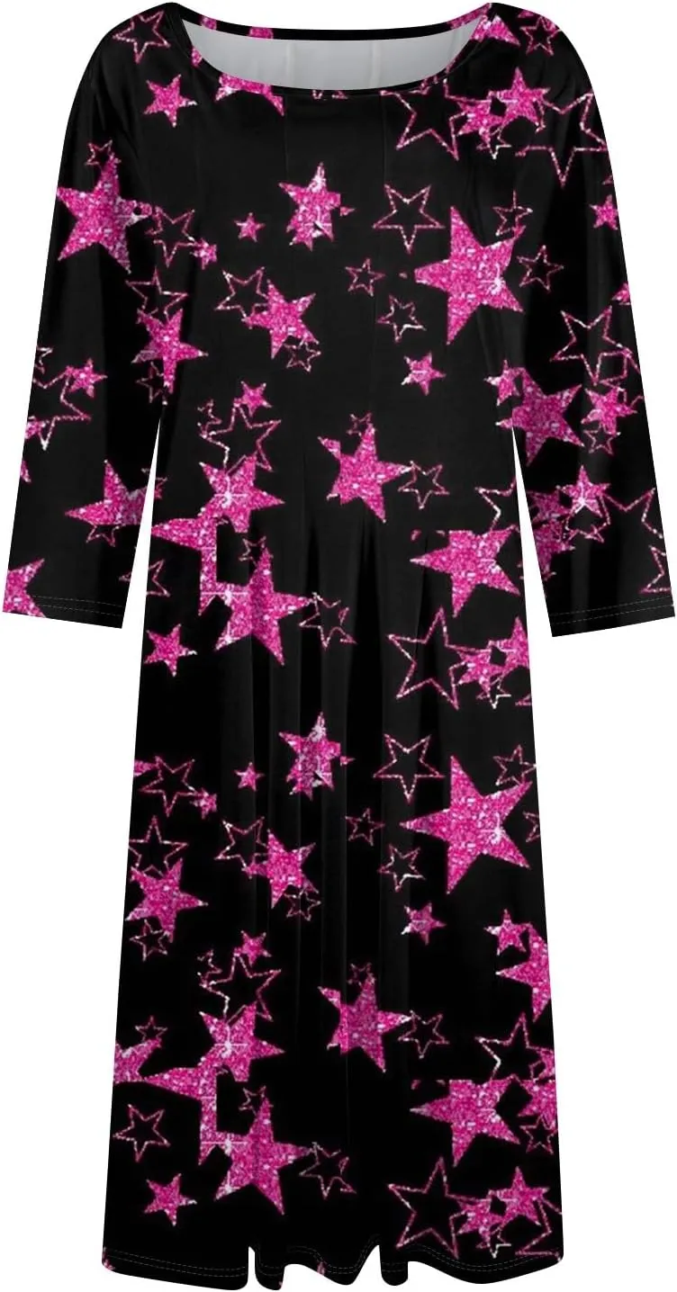 Spring Dresses for Women 2025 Elegant Boho Floral Sparkly Polka Dot Midi Sundresses Sexy 3/4 Sleeve A Line Vacation Dress