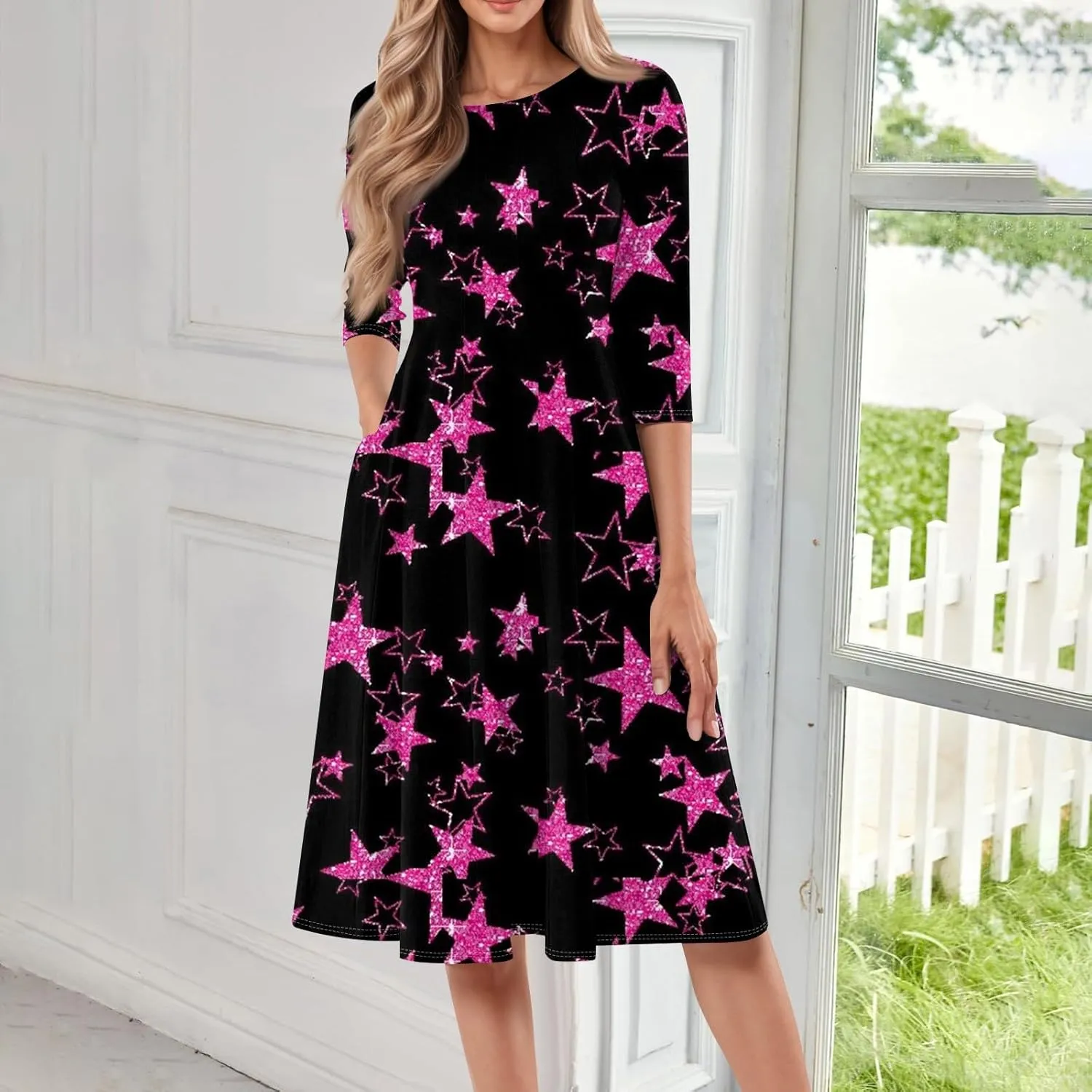 Spring Dresses for Women 2025 Elegant Boho Floral Sparkly Polka Dot Midi Sundresses Sexy 3/4 Sleeve A Line Vacation Dress