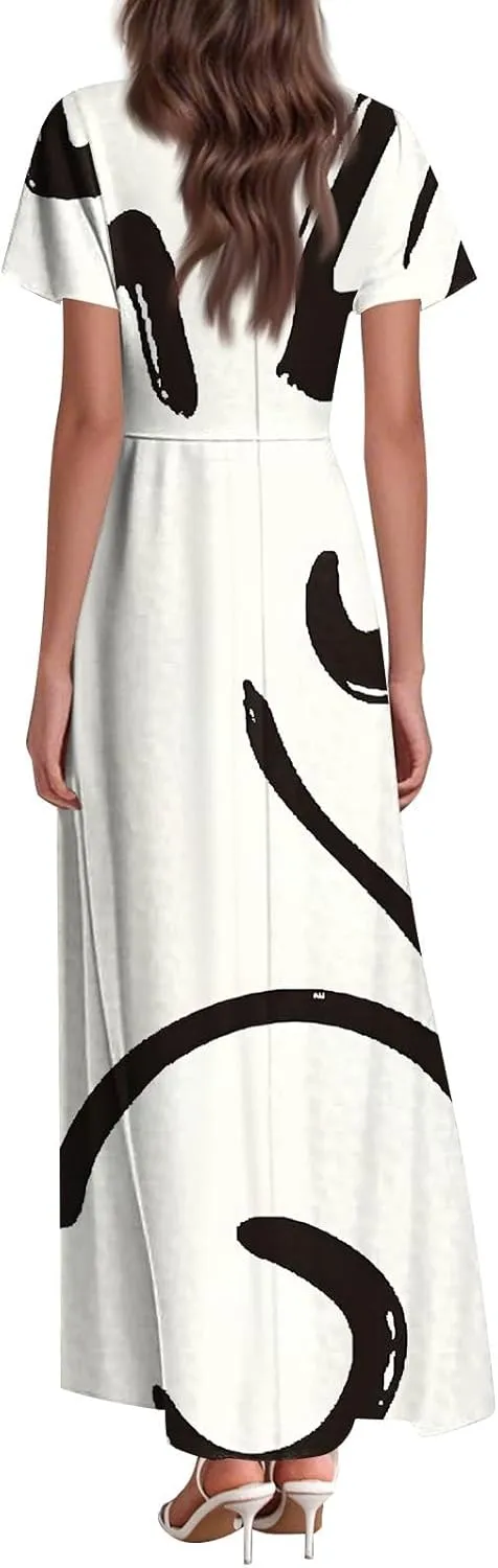 Summer Dresses for Women 2025 Elegant Classy Flowy Ruffle Swing V Neck A Line Dress Casual Boho Long Maxi Sundresses