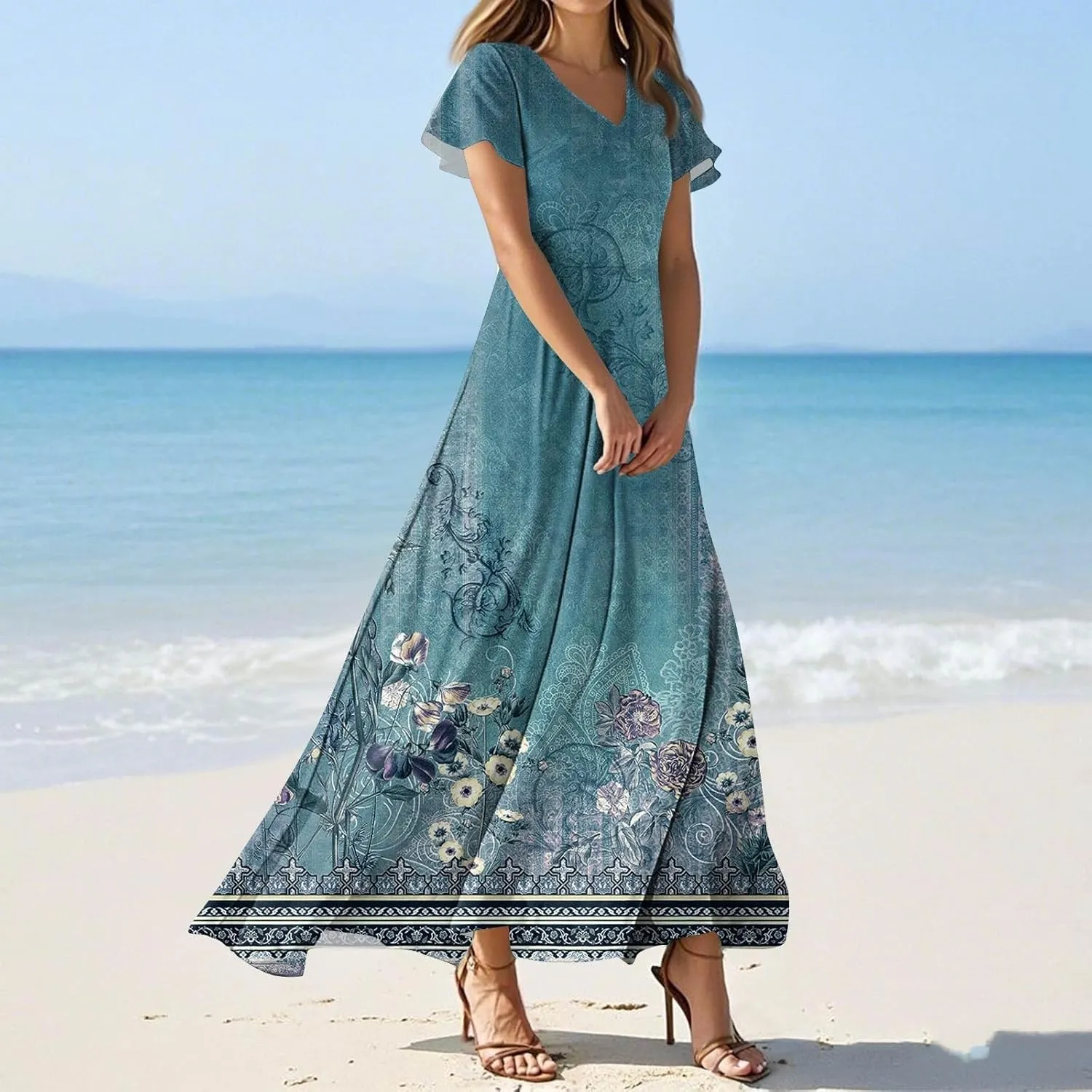 Summer Dresses for Women 2025 Elegant Classy Flowy Ruffle Swing V Neck A Line Dress Casual Boho Long Maxi Sundresses