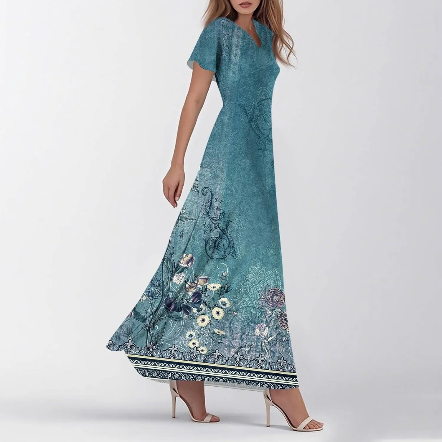 Summer Dresses for Women 2025 Elegant Classy Flowy Ruffle Swing V Neck A Line Dress Casual Boho Long Maxi Sundresses