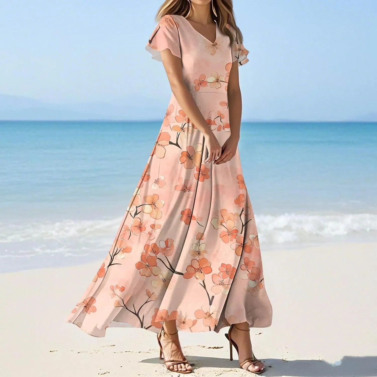 Summer Dresses for Women 2025 Elegant Classy Flowy Ruffle Swing V Neck A Line Dress Casual Boho Long Maxi Sundresses