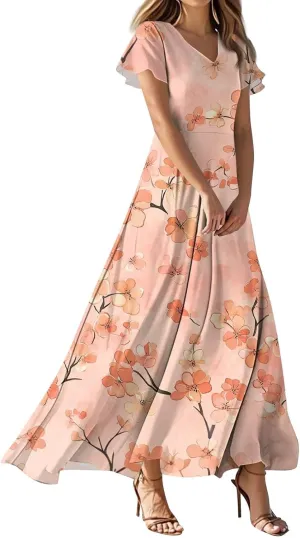 Summer Dresses for Women 2025 Elegant Classy Flowy Ruffle Swing V Neck A Line Dress Casual Boho Long Maxi Sundresses