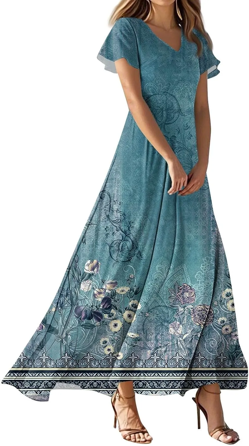 Summer Dresses for Women 2025 Elegant Classy Flowy Ruffle Swing V Neck A Line Dress Casual Boho Long Maxi Sundresses